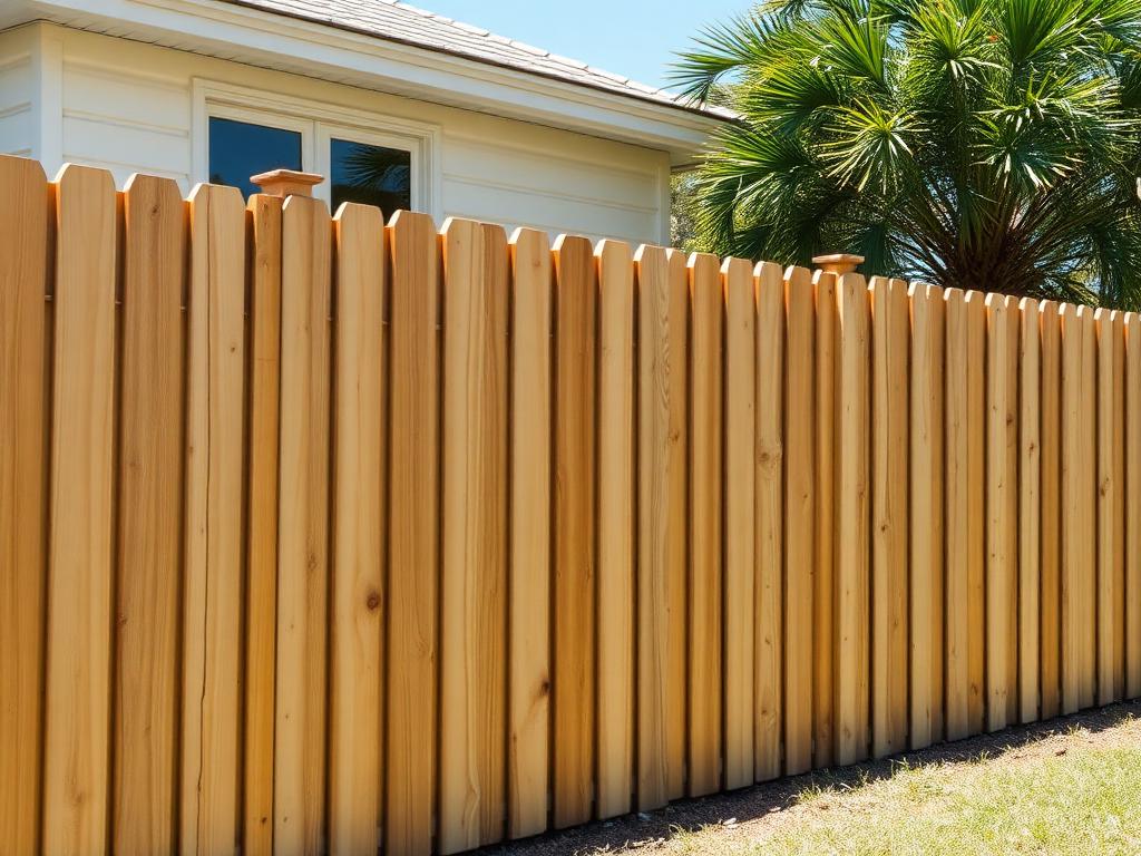 After: straight new wood privacy fence with clean pickets and level top line behind the same home