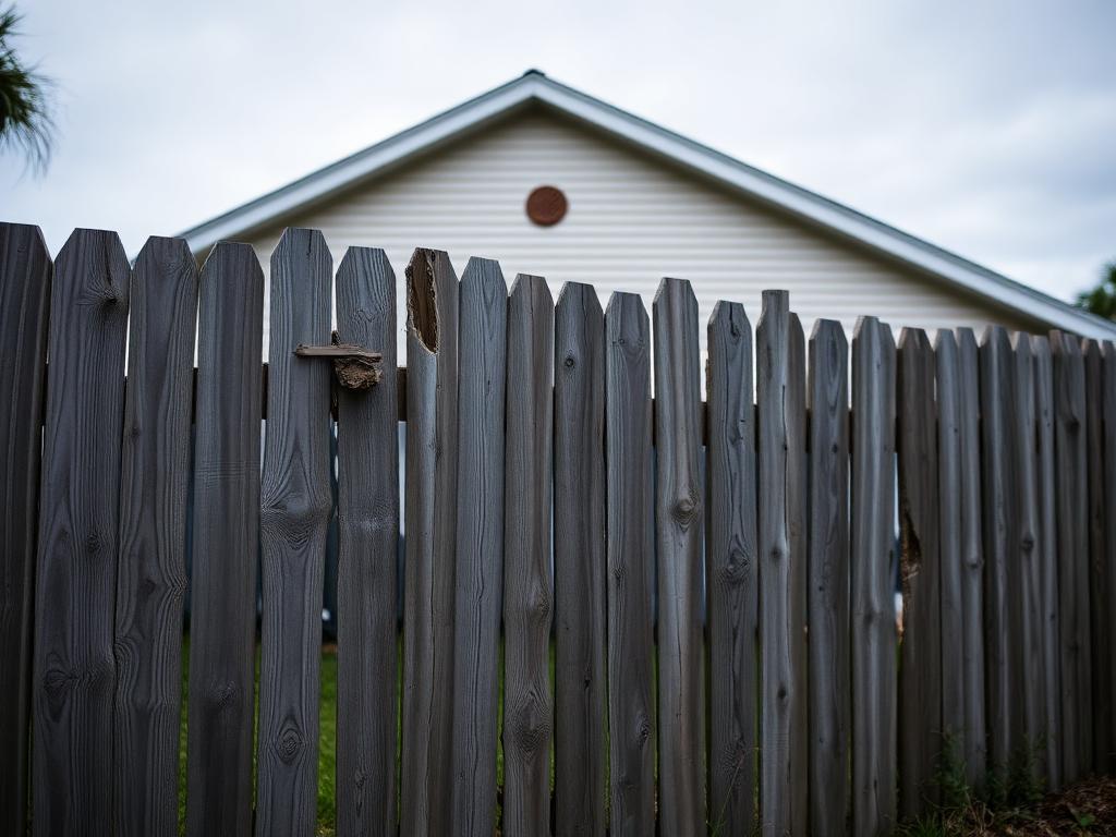 Before: weathered gray wood privacy fence with a split, rotted picket leaning behind a Florida home