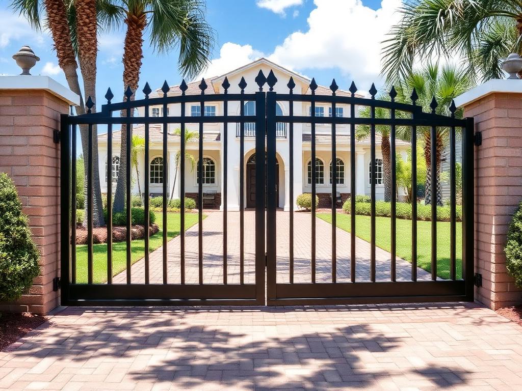 After: new black powder-coated aluminum double driveway gate hanging level and aligned at the entrance
