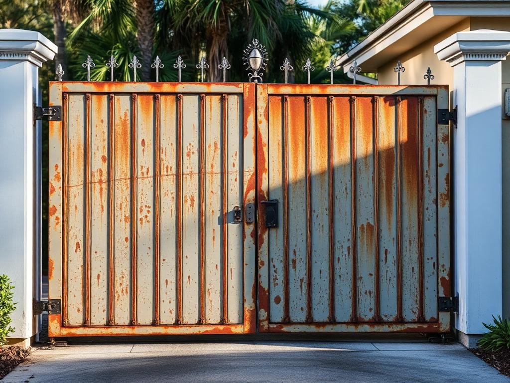 Before: heavily rusted sagging metal driveway gate with peeling paint between two stucco columns