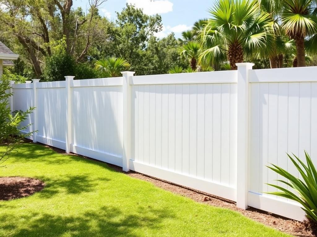 After: repaired white vinyl privacy fence with a color-matched panel and straight rail line