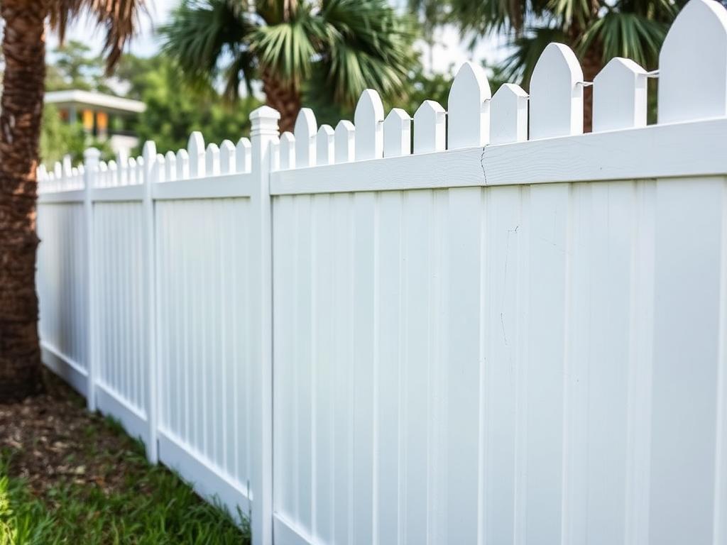 Before: white vinyl privacy fence with a cracked rail and stress fractures after a storm