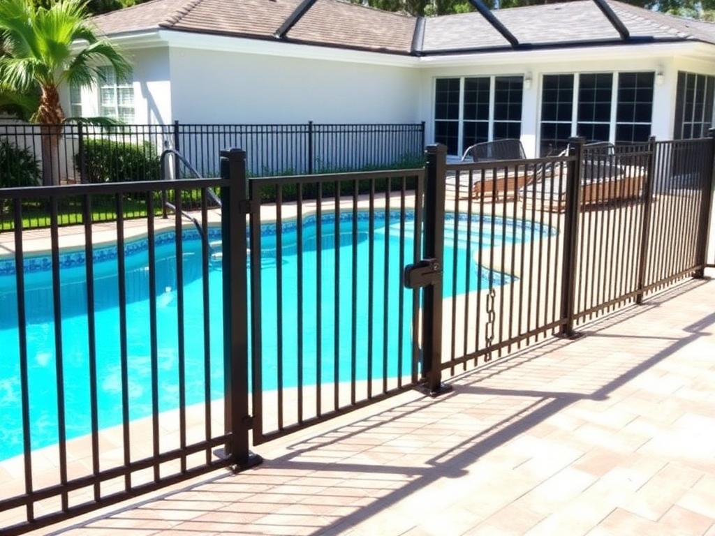 After: new black aluminum pool safety fence with a self-closing self-latching gate around the pool deck