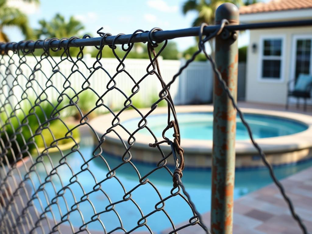 Before: broken chain link pool fence with unraveled wire and a rusted leaning post beside a pool deck