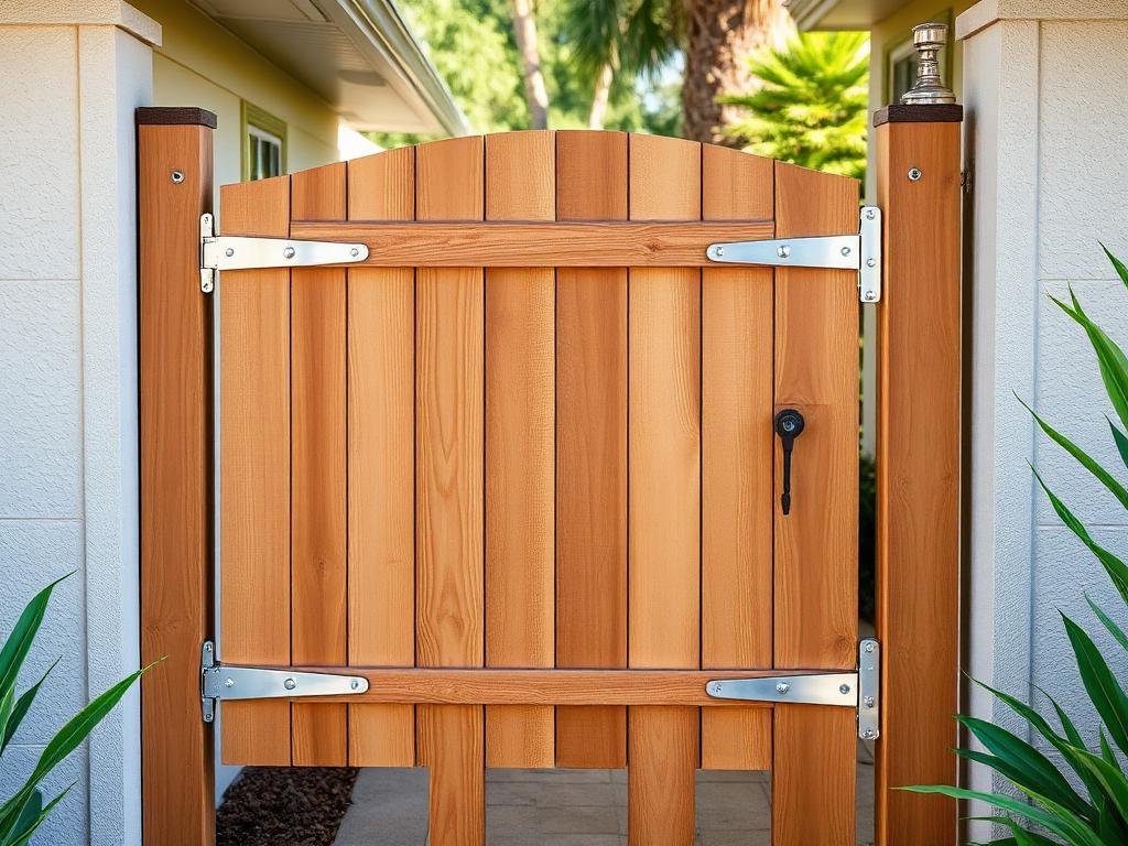 After: rebuilt wood side yard gate hanging level on new stainless hinges with a working latch