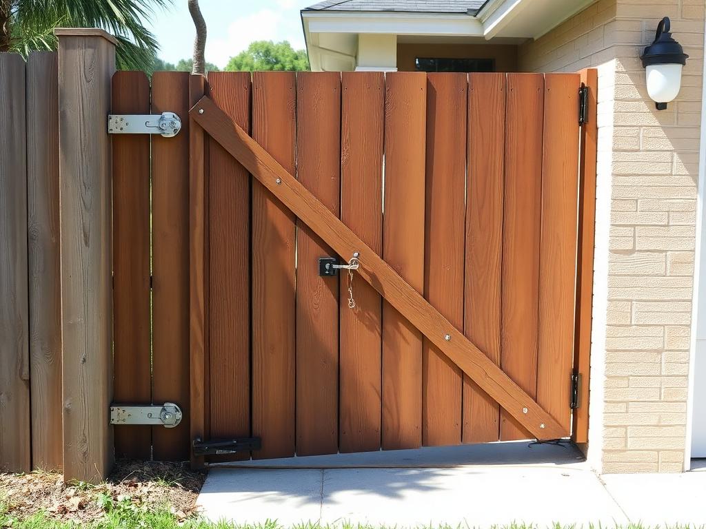 Before: sagging wood side yard gate with a diagonal scrap brace and broken latch dragging on concrete